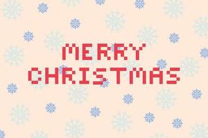 Red lettering Merry Christmas in a flat pixel art style. Horizontal rectangular vector illustration of blue snowflakes of different sizes on a light pink background