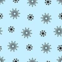 Seamless pattern of black geometric snowflakes of two types on a blue background. Vector stock illustration