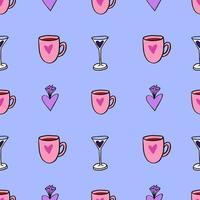 seamless print with drinks and candy with heart drawings. Hand drawn doodle style and traced drawings of pink mug, martini glass and chocolate candy on blue background vector