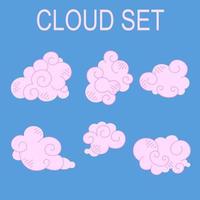 Set of vector pink cumulus clouds in cartoon style on a blue background. Vector stock illustration