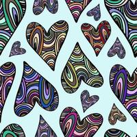 seamless pattern of multicolored hearts with a black outline on a white square background. Vector illustration with hand drawn and traced heart in stained glass style