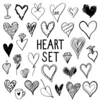 conjunto vectorial de corazones dibujados a mano. colección en blanco y negro de diversos corazones grunge en forma y estilo. elementos de diseño para crear tarjetas de felicitación, invitaciones, pancartas, volantes e imágenes prediseñadas vector