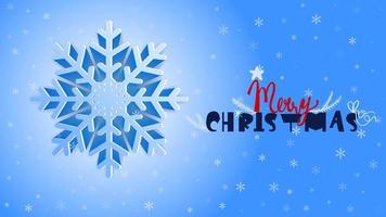 Blue volumetric snowflake with a dark blue shadow on a blue gradient horizontal background with light falling snowflakes with the lettering Merry Christmas with hand-drawn New Year elements vector