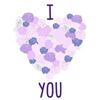square vector love illustration with purple lettering I and You with a big heart of purple roses and peonies. I heart you means  I love you. Template for greeting card with a declaration