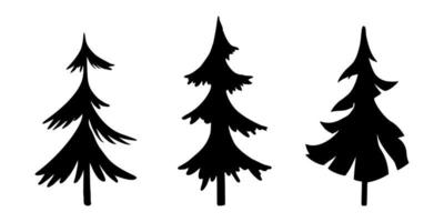 Set of vector silhouettes of Christmas trees in different styles. Three black trees on white. Christmas collection of Christmas cartoon trees