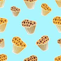 hand drawn heart shaped cupcake with chocolate chip, doodle sketch with white outline. Vector seamless pattern on a white background.