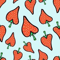 seamless print with red strawberries in the shape of a heart on a blue background. vector hand drawn sketch style illustration
