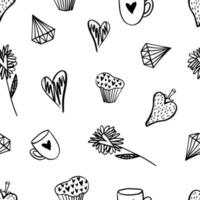 Hand drawn seamless pattern of different types of hearts. Drawn heart shapes in black ink in doodle style isolated on a white square background. Vector print of black hearts