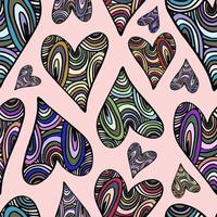 seamless print with hearts on a pink background. vector multicolored hearts with a black outline in the style of doodle painted in stained glass technique