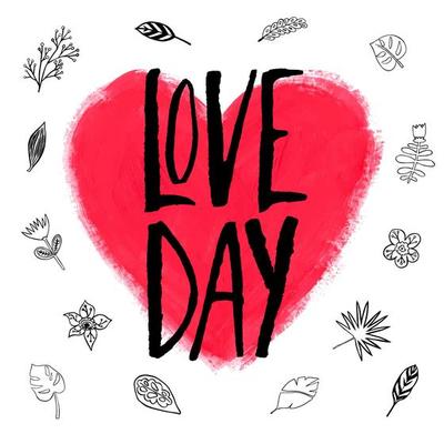 LOVE DAY vector hand written drawn letters without sans serif in black ink. The traced inscription is isolated on white with a decor of a large coral colored heart painted with rough gouache paint