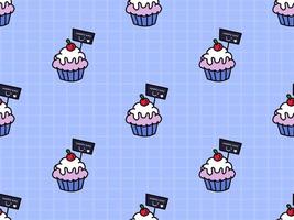 cupcake personaje de dibujos animados de patrones sin fisuras sobre fondo púrpura vector