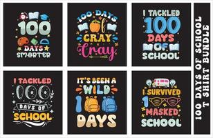 Paquete de diseño de camiseta de tipografía colorida de 100 días de escuela para imprimir bajo demanda vector