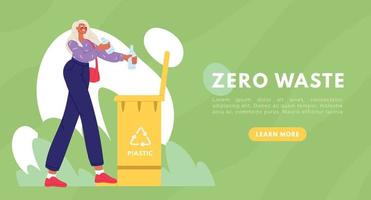 Zero waste life concept. Woman sorting waste to garbage containers for plastic. Sorting and Recycling concept. Flat vector illustration