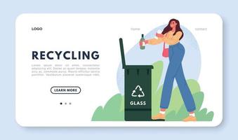Recycling garbage bin concept. Woman is taking out plastic rubbish into a container. Sorting and Recycling concept. Flat vector illustration