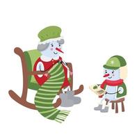Grandma and grandson snowmen spending time together. Great for New Year and Christmas greeting cards. Cozy winter. Red, green and yellow colors. Vector flat illustration.