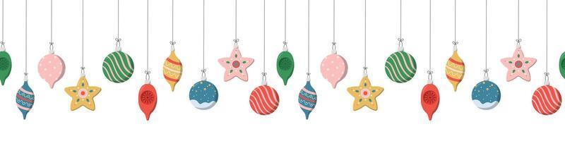 Colorful Christmas hanging baubles hand drawn vector seamlessp pattern. Festive horizontal border. Winter Holiday, New Year Party print. modern festive illustration. Isolated on white background