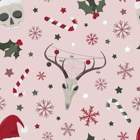 Creepy Christmas skulls seamless pattern on pink background. Hand drawn human and deer skulls, candies, and snowflakes. Spooky and scary Halloween skull. vector