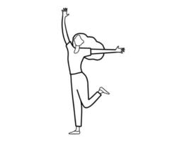 Happy young woman stretching, standing and raise right hand, feeling joyful and optimistic. Outline, thin line art, hand drawn sketch design, simple style. vector