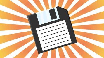 Old retro vintage hipster floppy disk for computer to store information, pc from 70s, 80s, 90s against the background of the orange rays of the sun.  Vector illustration