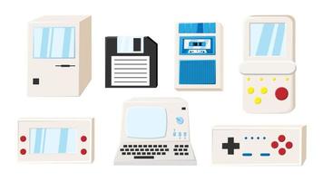 Set of old retro vintage isometry technology electronics computer, pc, floppy floppy disk, game portable video game consoles from 70s, 80s, 90s. Vector illustration