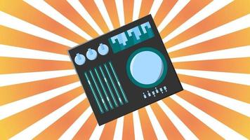 Old retro vintage audio music equipment vinyl dj board with sliders and cranks and buttons from the 70s, 80s, 90s against the background of the orange rays of the sun. Vector illustration