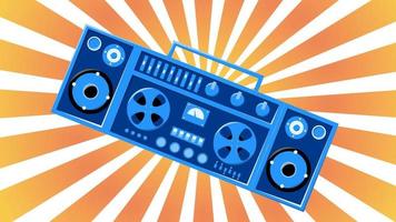 Old retro vintage music cassette tape recorder with magnetic tape babbin on reels and speakers from the 70s, 80s, 90s against the background of the orange rays of the sun. Vector illustration