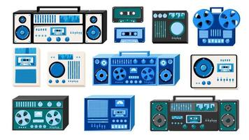 Set of bleautiful old retro vintage isometry musical electronics equipment audio cassette recorder with magnetic tape, dj console from 70s, 80s, 90s. Vector illustration