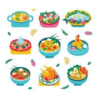 un conjunto de hermosos platos deliciosos en un plato. sopa, pollo, ensalada, tempura y cocina asiática en platos vector