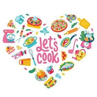 A set of food and sweets for the recipe. Heart of ingredients, vegetables, soup, chicken, salad, tea, grater vector