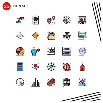 conjunto de pictogramas de 25 colores planos de línea rellena simple de elementos de diseño de vector editables de ubicación de envío de electrónica de distribución de finanzas