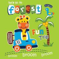 giraffe driving a car go to forest funny animal cartoon,vector illustration