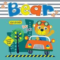 oso conduciendo un coche en la calle dibujos animados de animales divertidos, ilustración vectorial vector