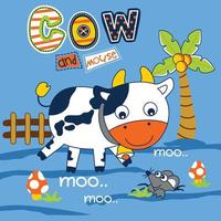 vaca y ratón en la granja dibujos animados animales divertidos, ilustración vectorial vector