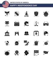 25 USA Solid Glyph Signs Independence Day Celebration Symbols of cake muffin spaceship american protection Editable USA Day Vector Design Elements
