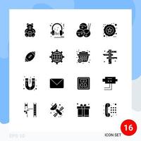 Group of 16 Modern Solid Glyphs Set for ball product microphone favorite badge Editable Vector Design Elements