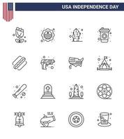 Set of 16 USA Day Icons American Symbols Independence Day Signs for hotdog america cactus drink bottle Editable USA Day Vector Design Elements