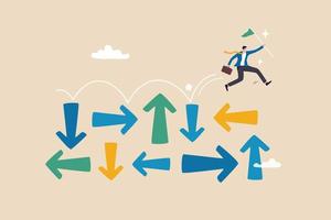 Overcome uncertainty, make decision or determination to achieve success, adversity or courage to solve problem or difficulty concept, businessman jumping on uncertainty random direction arrows. vector