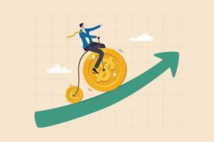 Financial or economy concept, currency exchange or mutual fund with US and EU economics, investing growth or foreign exchange, businessman riding bicycle with dollar and euro wheels up rising graph. vector