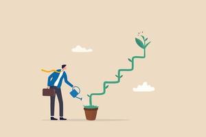 Growth step or career path, job improvement stair or growing investment or stair to success, mentorship concept, businessman watering seedling plant growing up as stair to climb to reach success. vector