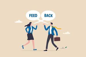 Employee feedback, opinion or colleague voice for improvement, message discussion, telling or comment each other, appraisal or review process, businessman and woman telling feedback to each other. vector