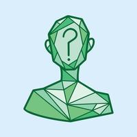 Anonymous vector icon pictogram illustration with green colored polygonal decoration. Polygon monochrome drawing with cartoon flat art style isolated. Mysterious person with question mark element.