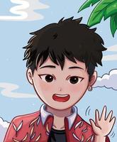 Young teen male with black hair and black eyes wearing red clothes waving and smiling isolated on blue clear sky, clouds, and tree leaves background. Colorful art with japanese kawaii chibi art style. vector