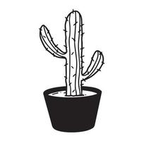 Cactus plant in black pot vector icon silhouette isolated on plain white background. Home plant greenery drawing with black colored simple flat line art.