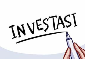 Investment writing with Bahasa Indonesia on white board with black marker vector illustration. Hand writing investasi. Kebebasan finansial ilustrasi. Cartoon isolated drawing.