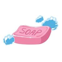 Pink soap with bubbles and foams vector illustration isolated on plain white background. Cute fragrant cleaning equipment for washing hands and body drawing with cartoon flat art style.