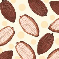 Cacao raw fruit whole plant and opened in half. Pattern vector illustration background isolated. Botanical seed drawing with simple flat cartoon art style drawing.