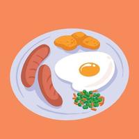 desayuno lleno de proteína de huevo frito, salchichas y nugget de pollo. telur mata sapi. dibujo de comida con estilo y color de dibujos animados planos simples, aislado en fondo naranja. vector