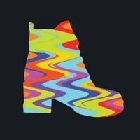 Colorful artsy wavy pattern decorated pop ankle boots vector illustration silhouette. Multicolored shoe drawing from side view on dark background isolated.