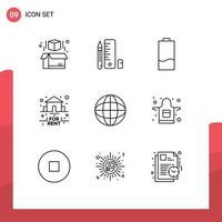Set of 9 Modern UI Icons Symbols Signs for geography rent electric real estate Editable Vector Design Elements