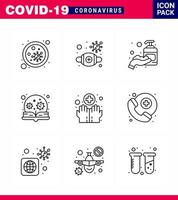 Coronavirus Precaution Tips icon for healthcare guidelines presentation 9 Line icon pack such as search learning safety education hand sanitizer viral coronavirus 2019nov disease Vector Design E